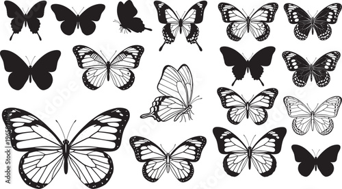 Butterfly silhouette vector illustration, sixteen species, diverse wing shapes, outlines and patterns, symmetrical design, nature inspired artwork, entomology study, decorative art, black silhouette 