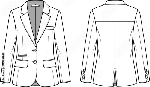 Technical Fashion Flat Sketch of a Classic Tailored Blazer with Notch Lapel and Flap Pockets, Front Back View, CAD Drawing Flat Vector Illustration