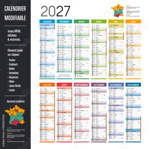 Calendrier Français 2027 modifiable France, vectoriel, éléments isolés sur calques, textes en Arial, éditables et vectorisés. Modèle personnalisable pour bureau.
