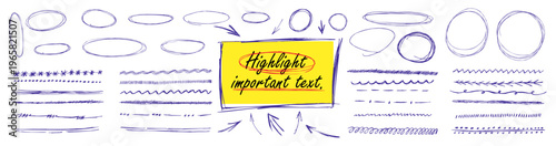 Blue pen strokes circle underline shapes with doodle arrow elements. Vector bundle highlight text scribble oval lines. Rough doodle strike elements encircle note areas visual highlight.