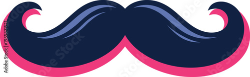Stylized handlebar mustache vector, navy blue facial hair icon with pink shadow, retro barber shop grooming graphic