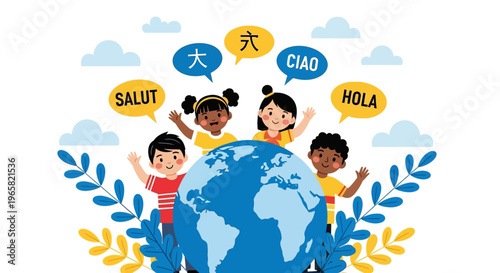 Illustration of diverse children with greetings from around the world standing on a globe with colorful leaves and clouds