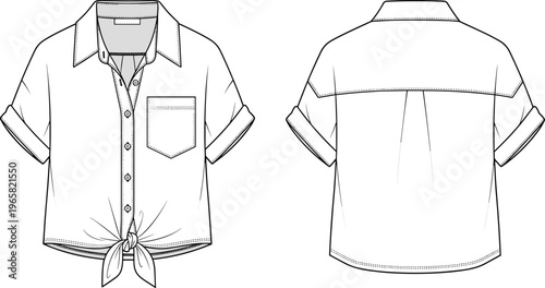 Women Short Sleeve Tie Front Shirt Technical Flat Fashion Sketch, Button Down Collared Crop Blouse CAD Drawing Flat Vector Illustration