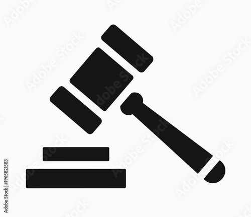 black and white gavel icon, symbolizing justice and legal authority, court law and judge concept, judiciary decision sign, legal system and verdict symbol, clean minimal vector illustration design.