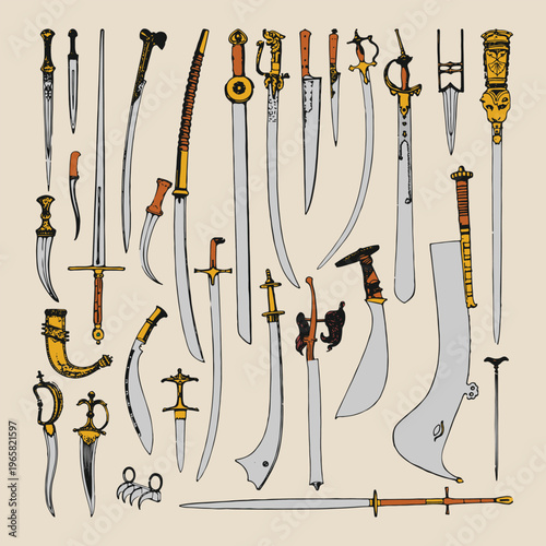 Tableau sur toile Sword weapons icon set old retro vintage illustration poster template design vec