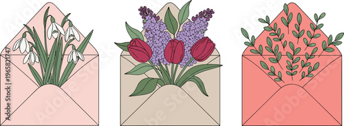 Quadro em tela Floral Envelope Vector Set with Spring Flower Bouquets, Botanical Letter Designs