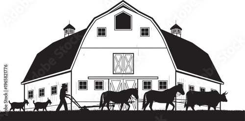 Large barn silhouette vector illustration, gambrel roof, cupolas, farm animals, horses, cow, dog, cat, farmer walking, rural countryside, agriculture life, black and white