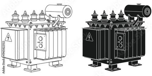 Electrical transformer technical illustration, schematic equipment artwork, utility power design, engineering vector drawing, industrial energy system illustration