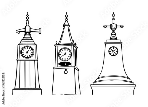 Clock tower bell set with black line art illustration featuring clock, tower, bell with white background and heavy detail