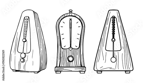 Metronome set with black line art depiction featuring mechanical wooden metronome, vector illustration, minimalist design with wood texture and pendulum