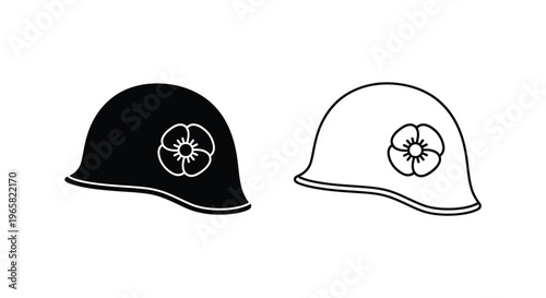 Military helmet with poppy flower icon set, remembrance day soldier headgear vector, memorial day army helmet silhouettes for veterans