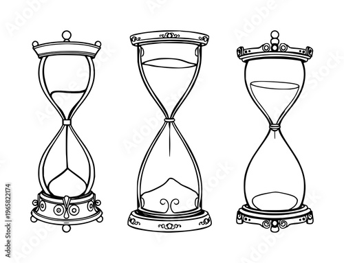 Hourglass set with intricate black line art on white background featuring hourglass, ornate stand, timekeeping with vintage and elegance
