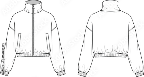 Women Cropped Zip Up Jacket Technical Flat Fashion Sketch, High Neck Drop Shoulder Bomber Pullover CAD Drawing Flat Vector Illustration