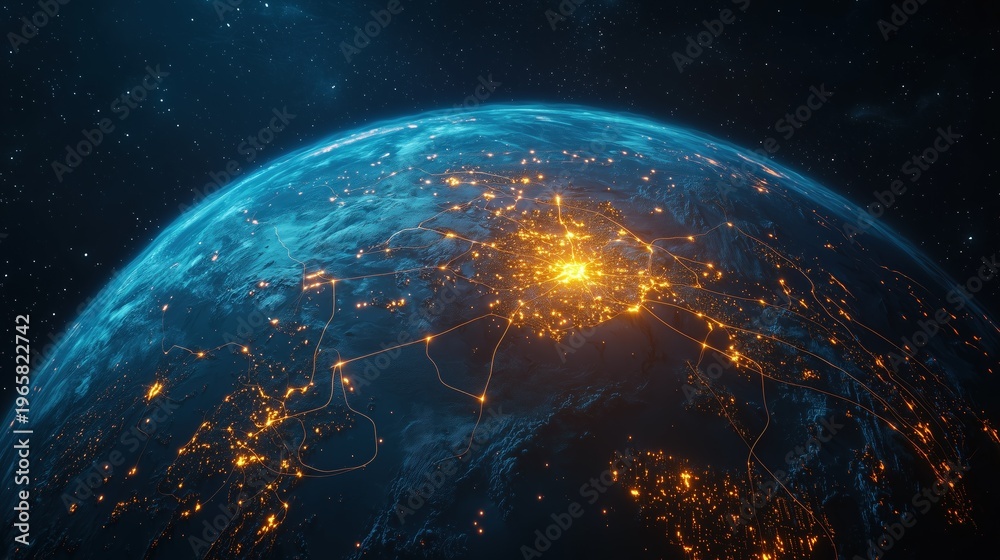 Obraz premium 3D CGI illustration of Earth globe with glowing oil supply chain network, photorealistic planet render, amber energy flow lines connecting oil fields refineries and ports across continents