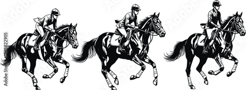 Vector illustration of jockeys riding galloping horses in dynamic racing poses, showing speed, motion, and equestrian sport silhouettes in black-and-white design