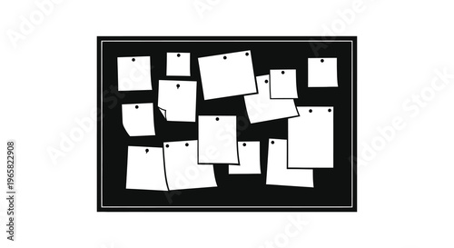 Black corkboard with scattered white notes pinned with pushpins