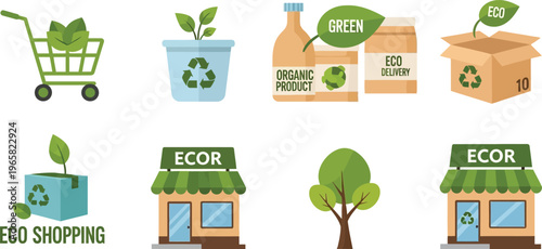 Eco Shopping and Organic Product Delivery Icons for Sustainable Retail