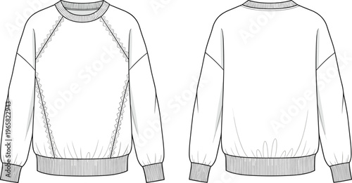 Women's Cropped Quarter Zip Pullover Sweatshirt Technical Fashion Flat Sketch Template, Long Sleeve Drop Shoulder Jumper Cad Drawing Flat Vector Illustration