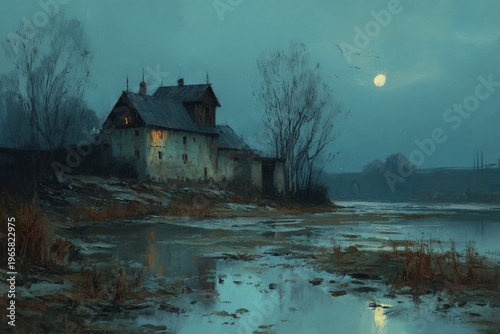 Moonlit rural house by a tranquil lake at dusk