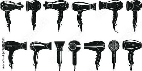 Collection of black silhouette vector illustrations of hair dryers, styling tools, blow dryers, concentrator attachments, ergonomic designs for beauty, salon, and personal care concepts