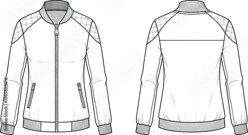 Women Bomber Jacket Technical Flat Fashion Sketch, Quilted Shoulder Zip Up Track Jacket CAD Drawing Flat Vector Illustration Template Design
