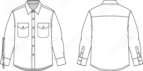Men long sleeve button down shirt double chest pocket template front back mockup fashion cad drawing flat vector illustration set
