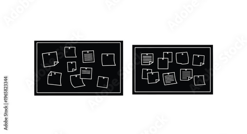 Two black bulletin boards filled with numerous white sticky notes