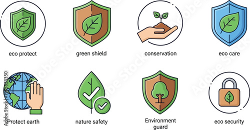 Eco Protect and Nature Security Icon Set with Environment Guard Vector
