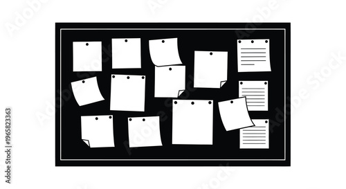 A black corkboard with numerous white papers pinned across its surface