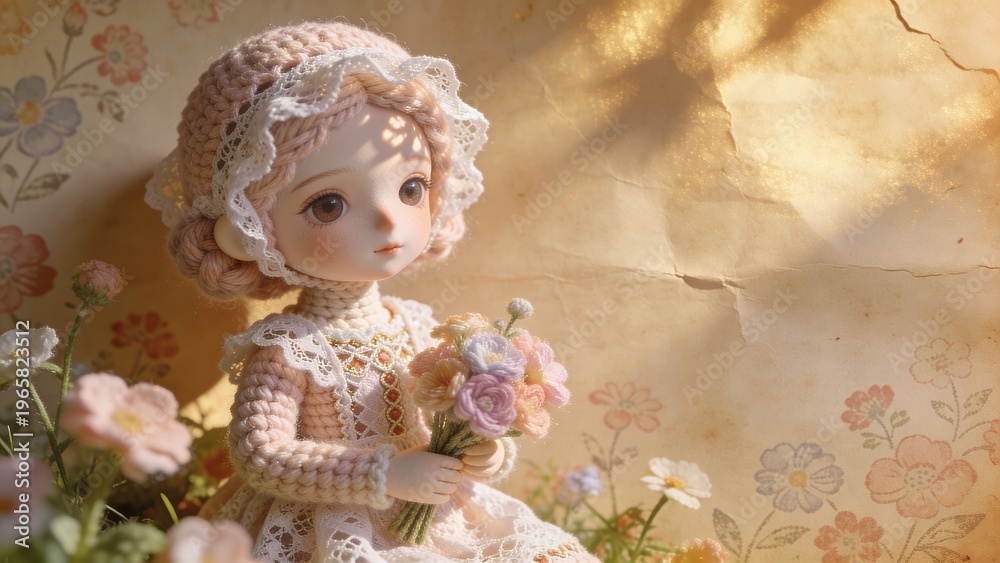 Fototapeta premium Artistic Doll with Bouquet of Flowers in Romantic and Whimsical Setting