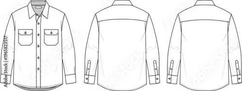 Men Long Sleeve Button Down Work Shirt Technical Flat Sketch Vector Illustration Double Pocket Fashion CAD Drawing for Apparel Design