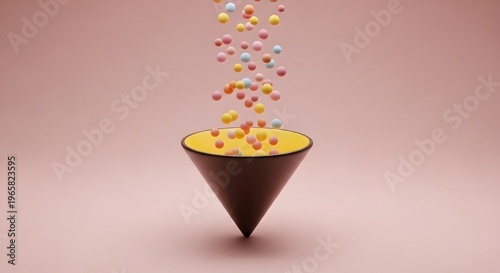 Colorful confetti pouring into a brown funnel