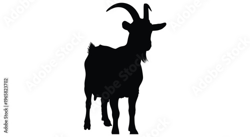 A striking black silhouette of a goat with curved horns silhouette
