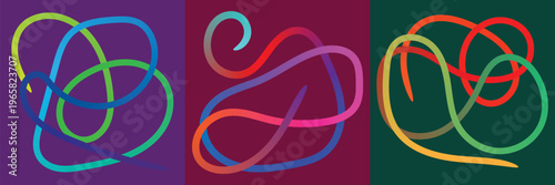 WebSet of Three Abstract Compositions with Colorful Neon Tangled Lines on Purple Maroon and Dark Green Backgrounds
