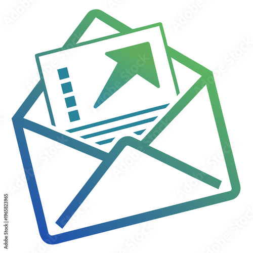 Send email icon featuring open envelope with arrow pointing upwards and checklist lines representing outgoing digital messages and mail delivery system