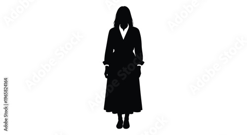 A full body silhouette of a woman in a long coat silhouette
