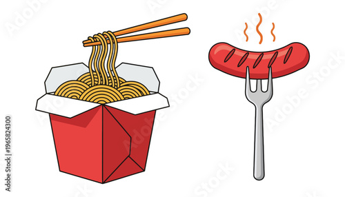 A hot sausage on a fork and noodles in a red box