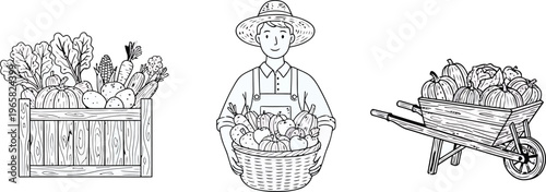 Sketch of Farmer Carrying Basket of Fresh Produce in Organic Market Setting


