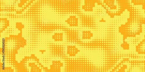 Yellow halftone pattern. Retro comic gradient background. Bright orange pixelated dotted texture overlay. Cartoon pop art faded gradient pattern. Vector backdrop for poster  banner  advertisement