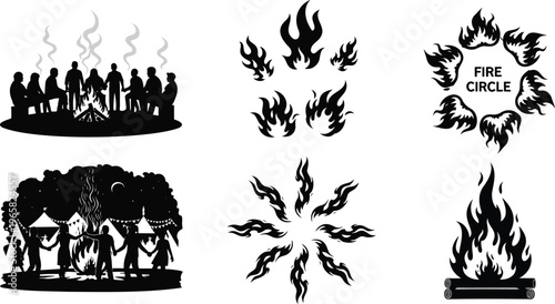 Community campfire ritual and flame circle vector illustration pack showing people holding hands at night.