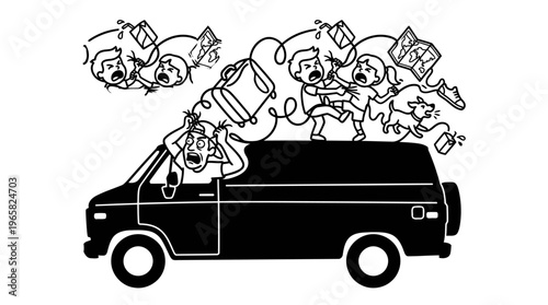 Minimalist Camper Van with Chaotic Family Road Trip Line Art, Monochrome Vector Illustration of Travel Comedy