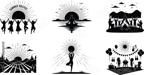 Summer solstice celebration vector illustration set with yoga, meditation, and party scenes.