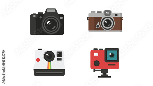 Four distinct types of cameras displayed in a flat graphic design layout
