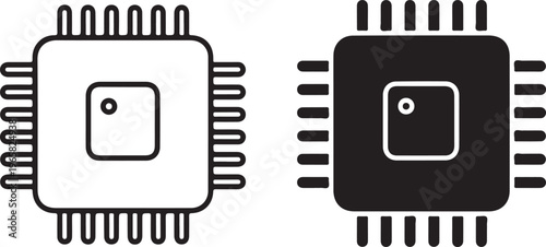 Two computer processor chip with square shapes and multiple pins in black and white outline and solid silhouette styles