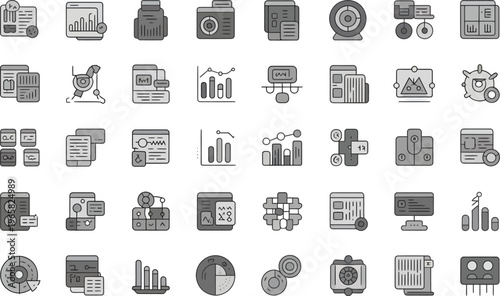 Industrial infographic and data visualization icon collection with business analytics financial reports and global market statistics in glyph vector design set