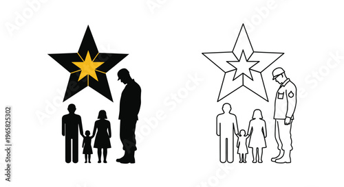 Military soldier silhouette with family and gold star, veteran memorial service icons, army service member homecoming and sacrifice vector set