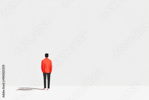Male in orange jacket facing minimalist white space