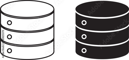 Two cylindrical database server with stacked disk drives in outline and solid black styles on a white background