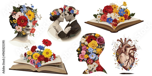 Floral surreal bust, romantic couple vintage, blooming book imagination, creative head silhouette, anatomical heart flowers, symbolic art, flat vector illustration