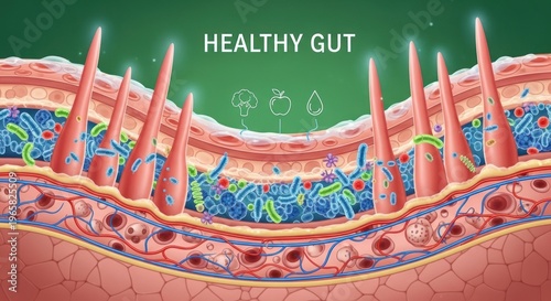 The image illustrates a healthy gut with a cross-section view of the intestinal lining.
